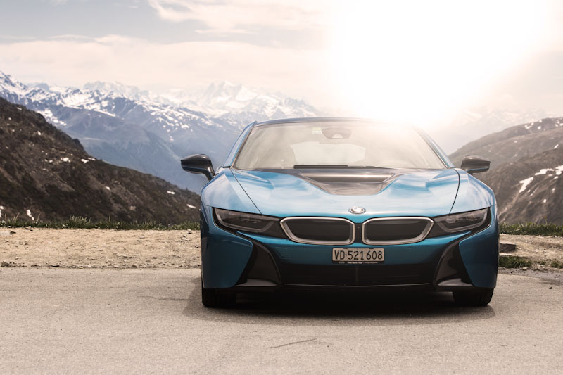 Park up BMW i8 at top of the Furka Pass